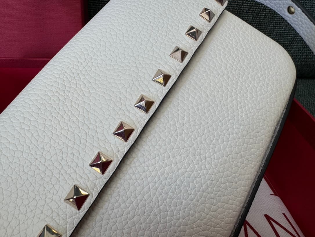 Valentino Garavani Mini Rockstud Grainy Leather Crossbody Bag in White High