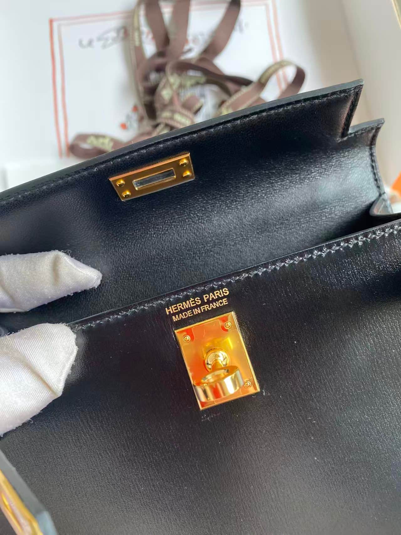 Hermes Kelly Mini II Bag Box Leather WAX Silver/Gold Metal Black High