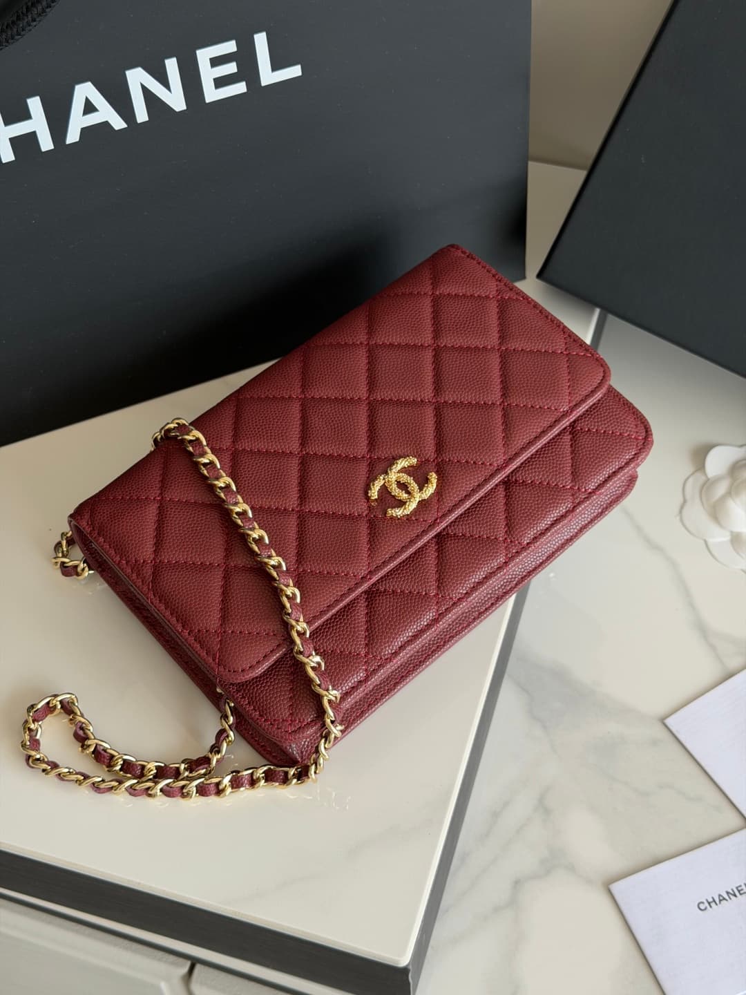 Chanel Wallet on Chain Shiny Grained Calfskin Strass & Gold-Tone Metal Red AP5073 High