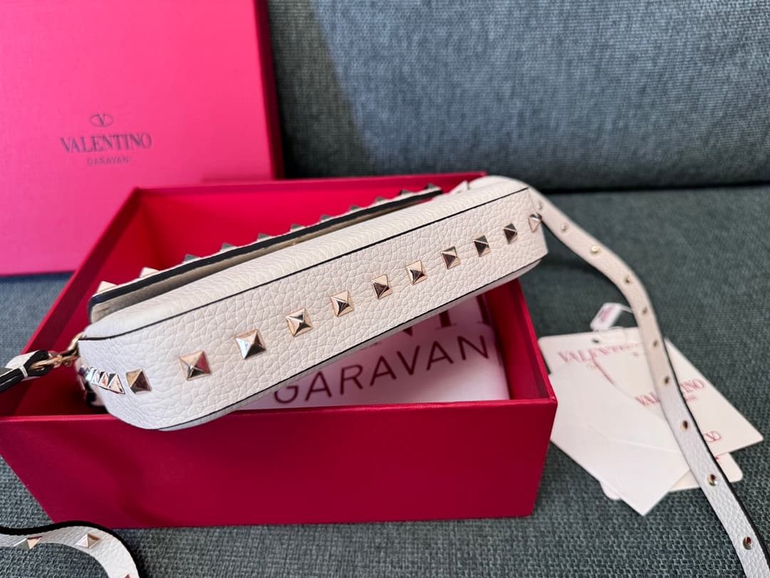 Valentino Garavani Mini Rockstud Grainy Leather Crossbody Bag in White High