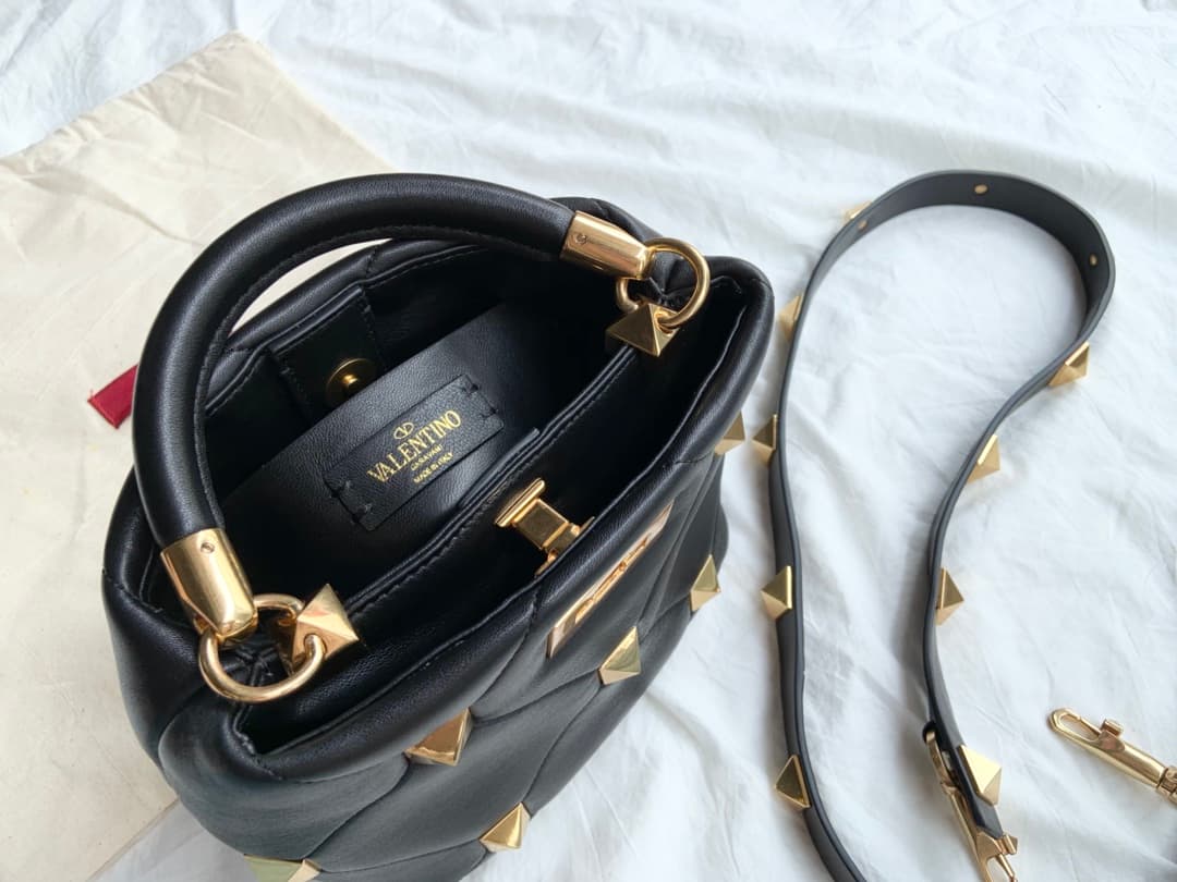 Valentino Garavani Roman Stud leather top handle bag black high