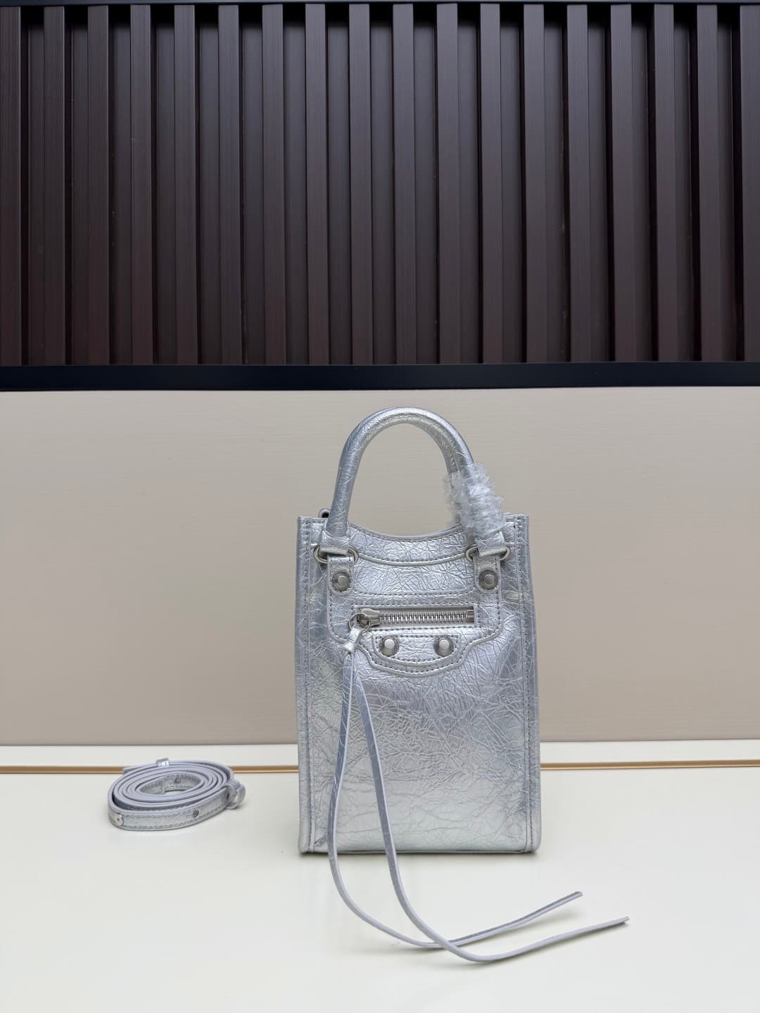 Balenciaga Le City Leather Tote Phone Holder Silver High