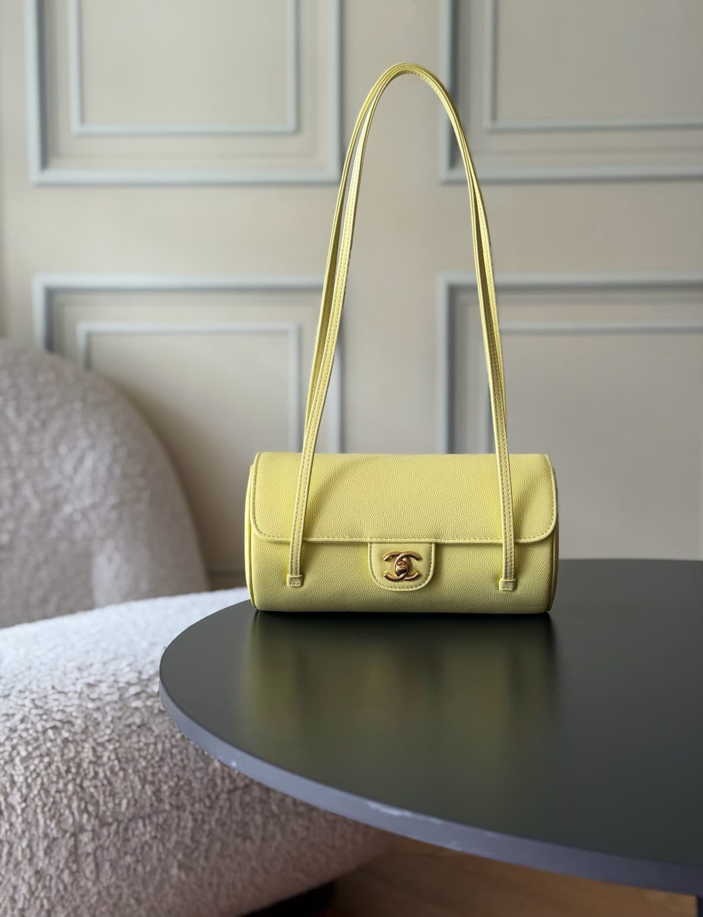 Chanel Small Bowling Bag Grained Shiny Calfskin & Gold-Tone Metal AS6143 Yellow High
