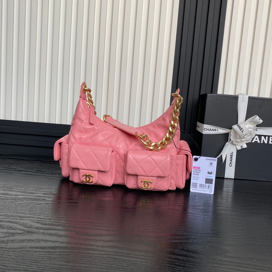 Chanel Trendy Pockets Hobo Bag Lambskin & Gold Metal Pink AS5339 A