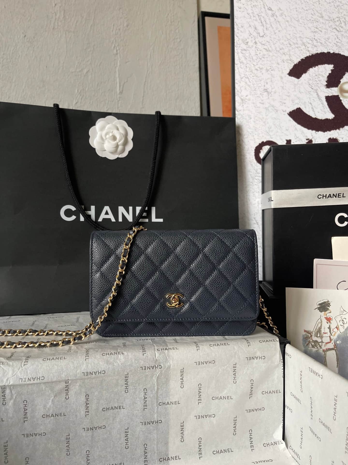 Chanel Classic Wallet on Chain Grained Shiny Calfskin & Gold-Tone Metal AP4241 Dark Blue A
