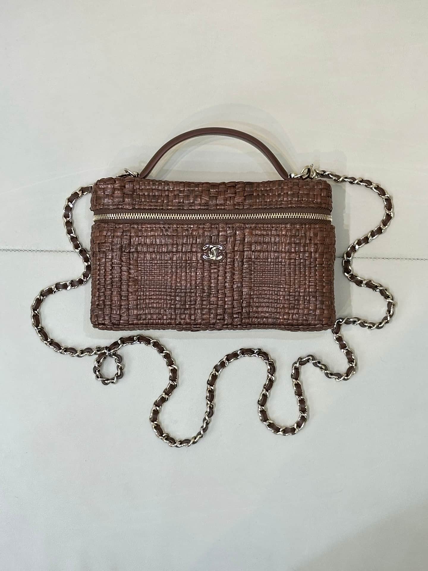 Chanel Classic Vanity with Chain Braided Raffia & Gold-Tone Metal Brown AP4385 TOP