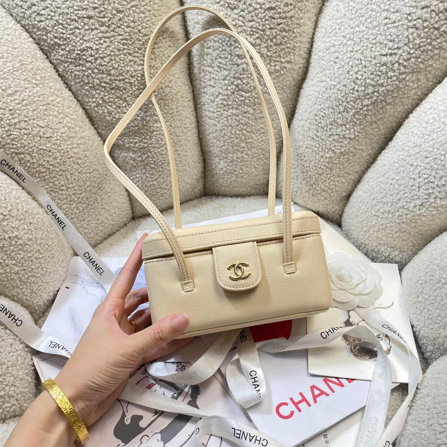 Chanel Long Vanity with Leather Strap Grained Shiny Calfskin & Gold-Tone Metal Beige AP5067 A