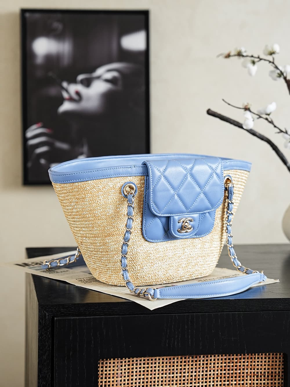 Chanel Coco Beach Small Shopping Bag Braided Straw Lambskin & Gold-Tone Metal Beige & Blue AS5951 A