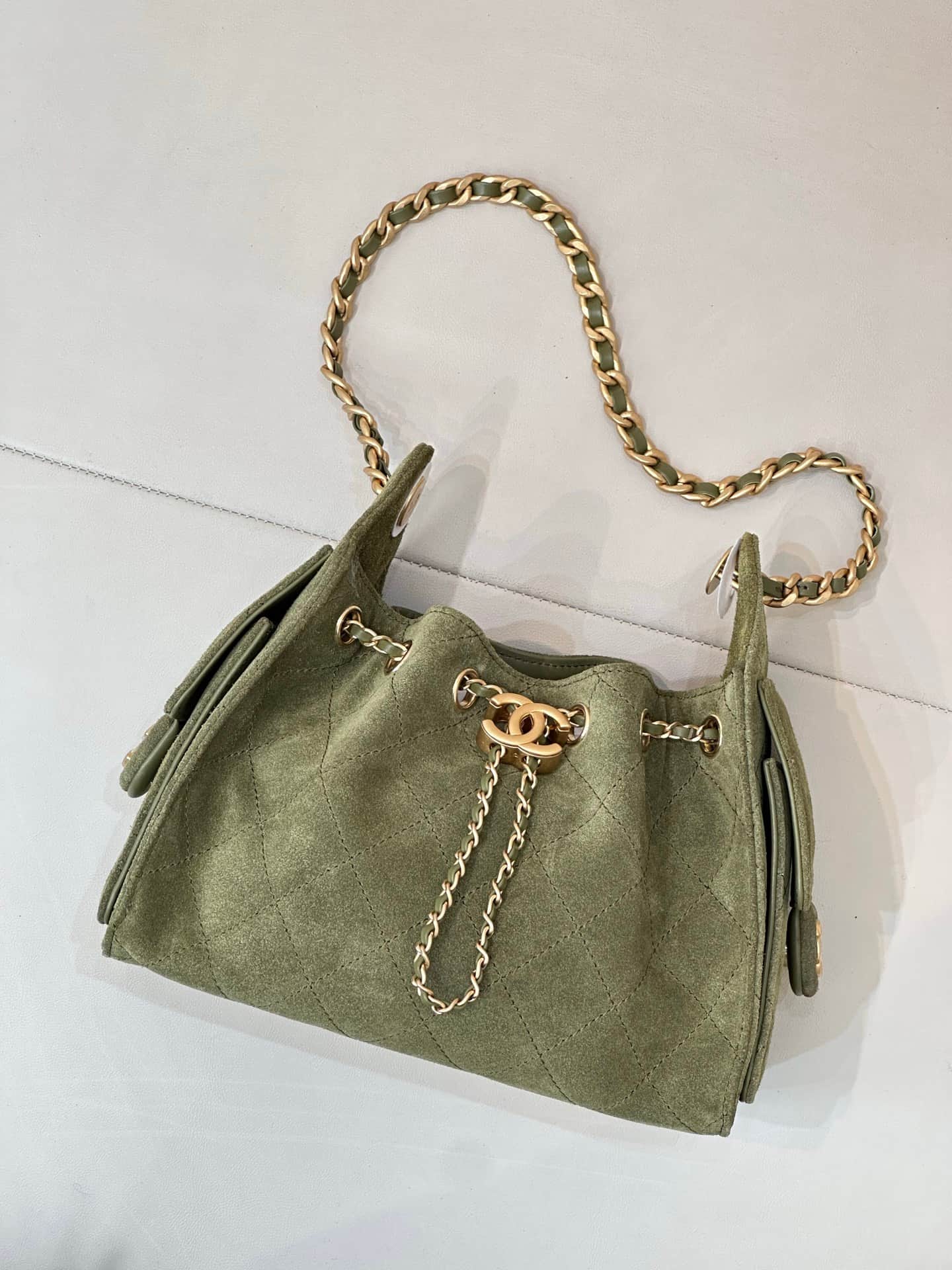 CHANEL 25 Mini Handbag AS5631 Suede &Gold-tone Metal Military Green TOP