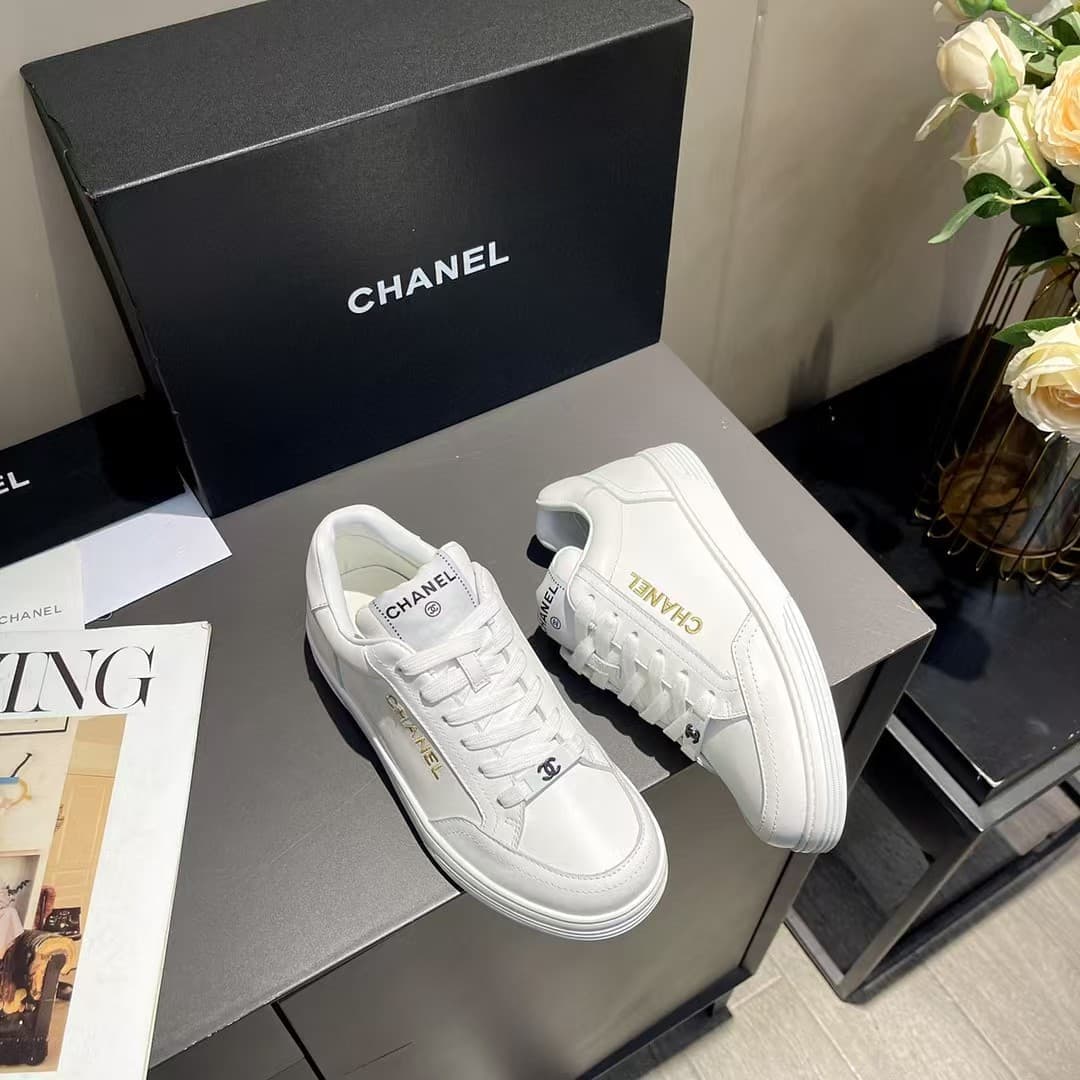 Chanel white leather sneaker shoes