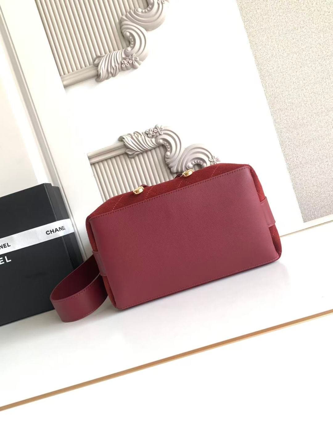 Chanel Small Bucket Bag Suede Calfskin & Gold-Tone Metal Burgundy AS6584 A