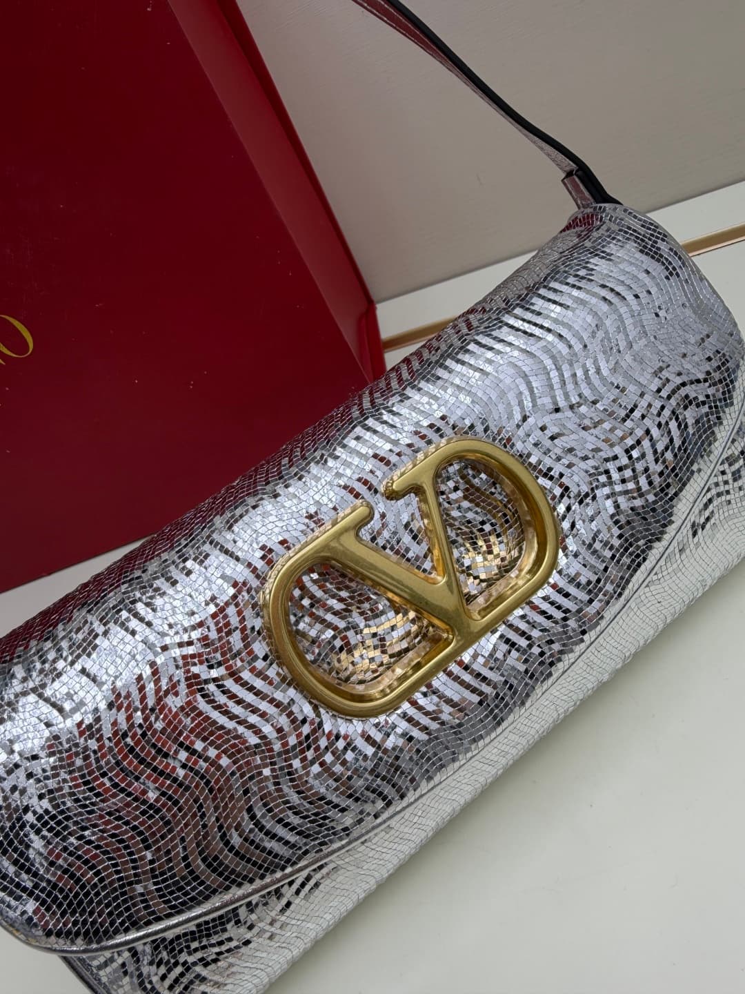 Valentino Garavani Devain Small Nappa Sequins Shoulder Bag Silver High