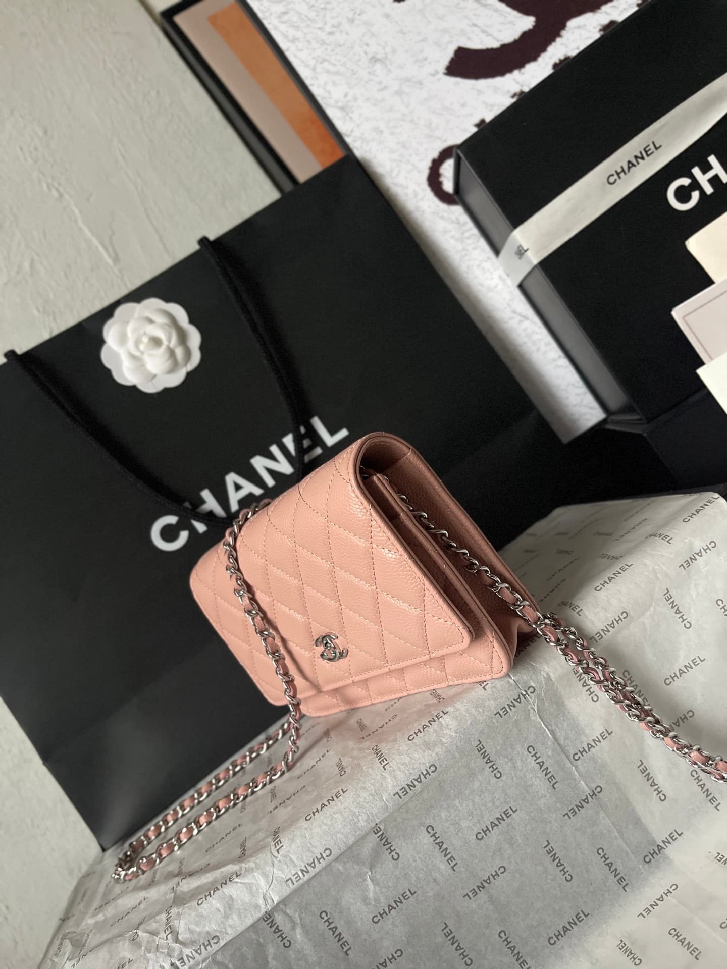 Chanel Classic Wallet on Chain Grained Shiny Calfskin & Silver-Tone Metal AP4241 Light Pink A