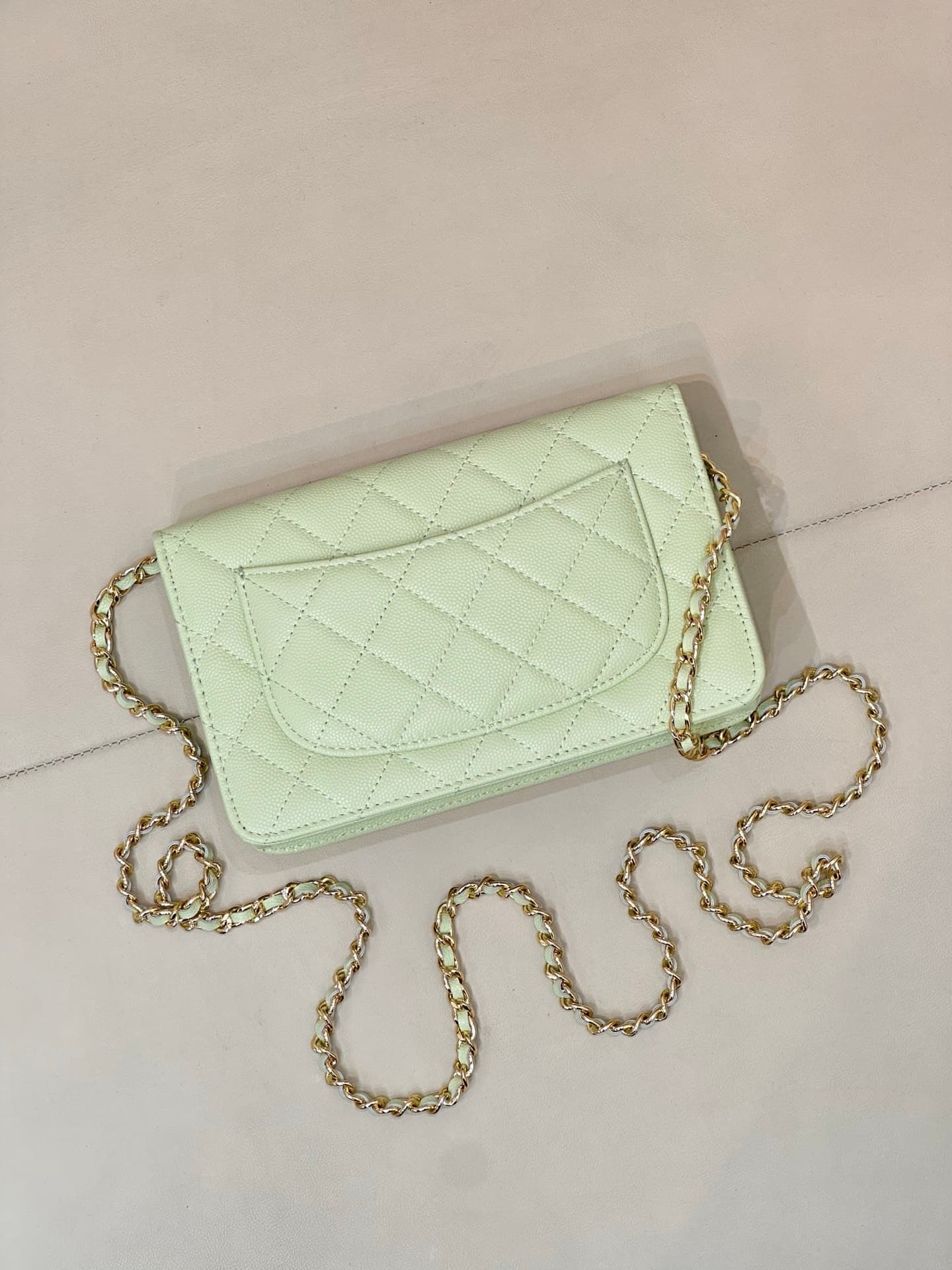 Chanel Classic Wallet on Chain Grained Shiny Calfskin& Gold-Tone Metal AP4241 Light Green TOP