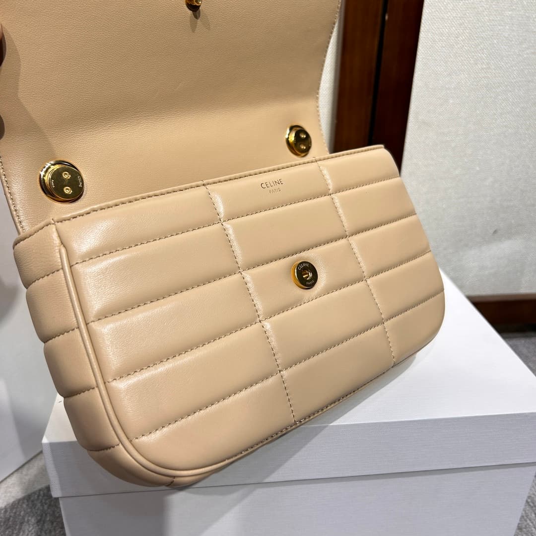 Celine Matelasse Monochrome Chain Shoulder Bag Beige High