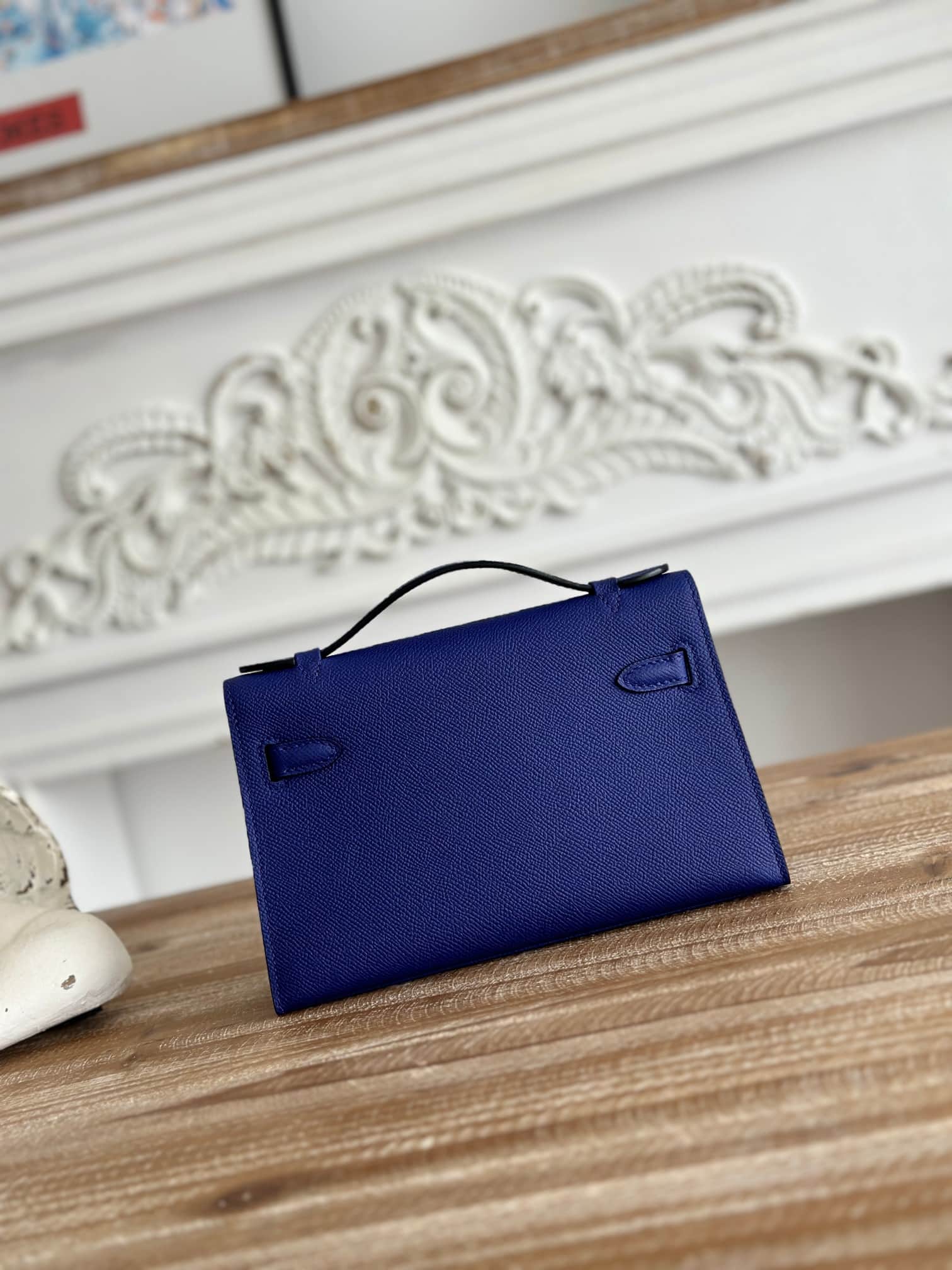 Hermes Kelly Pochette Bag Epsom Leather Silver/Gold Metal Bleu Electric WAX High