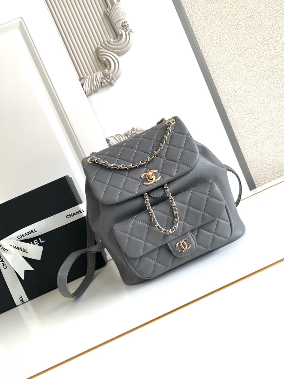 Chanel Medium Quilted Duma Backpack Lambskin AS3618 Grey A