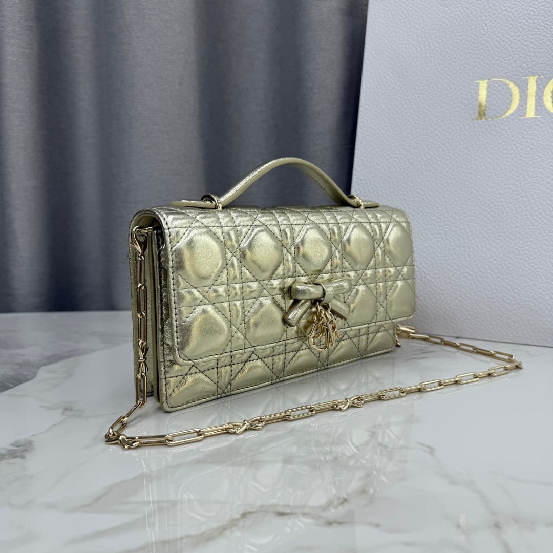 My Dior Mini Bag Metallic Pale Gold Cannage Lambskin With Leather Bow High
