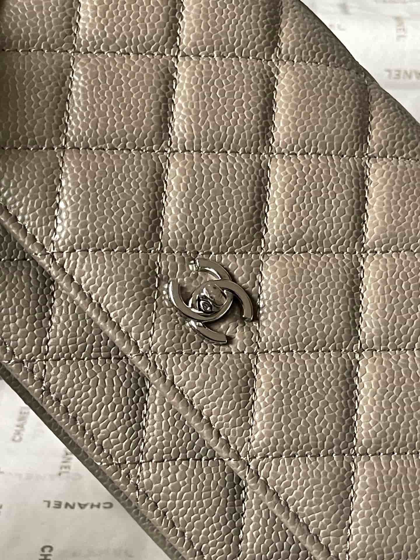 Chanel Classic Wallet on Chain Grained Shiny Calfskin & Silver-Tone Metal AP4241 Grey A