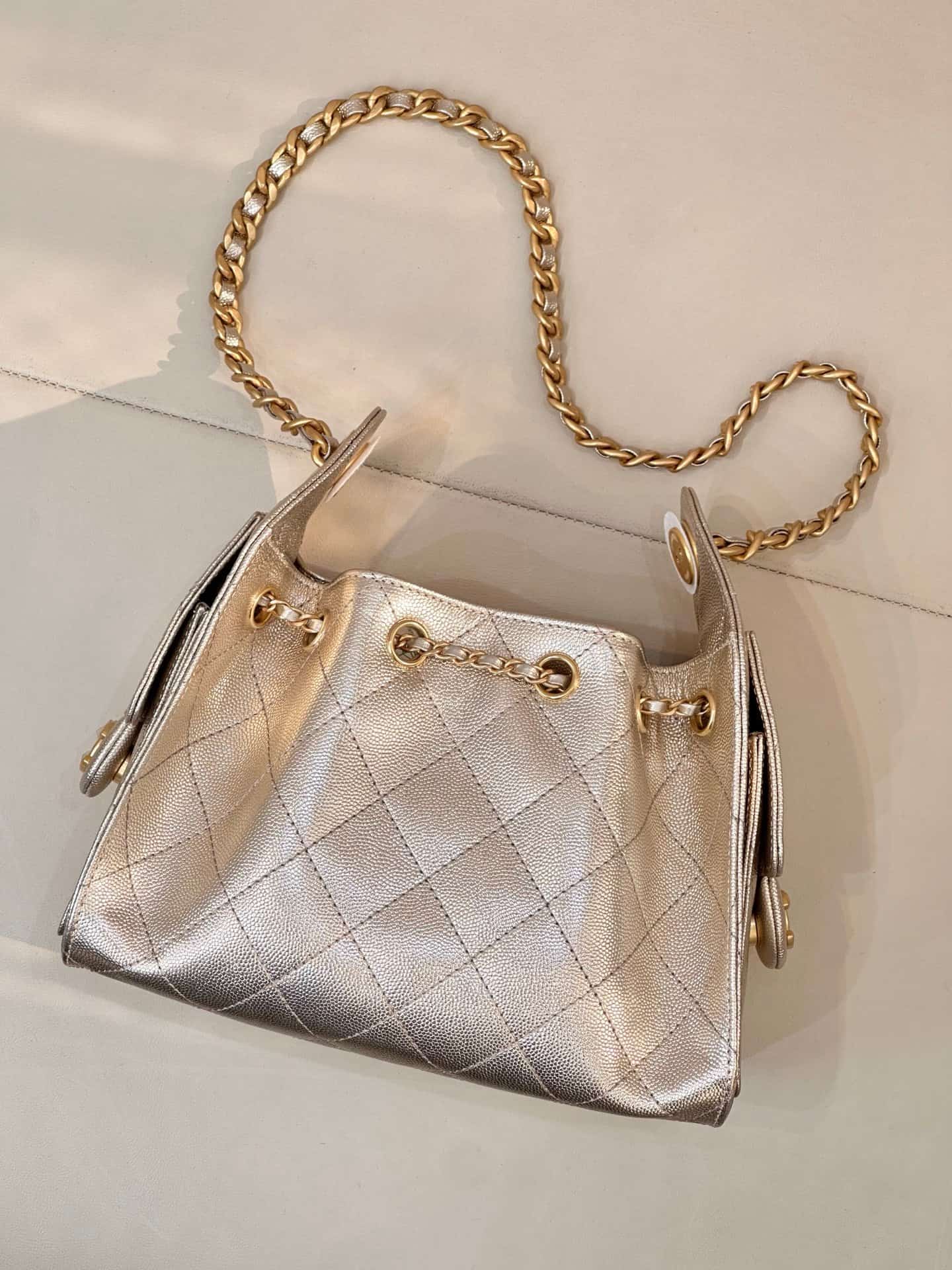 CHANEL 25 Mini Handbag AS5631 Grained Calfskin & Gold-tone Metal Champagne Gold TOP