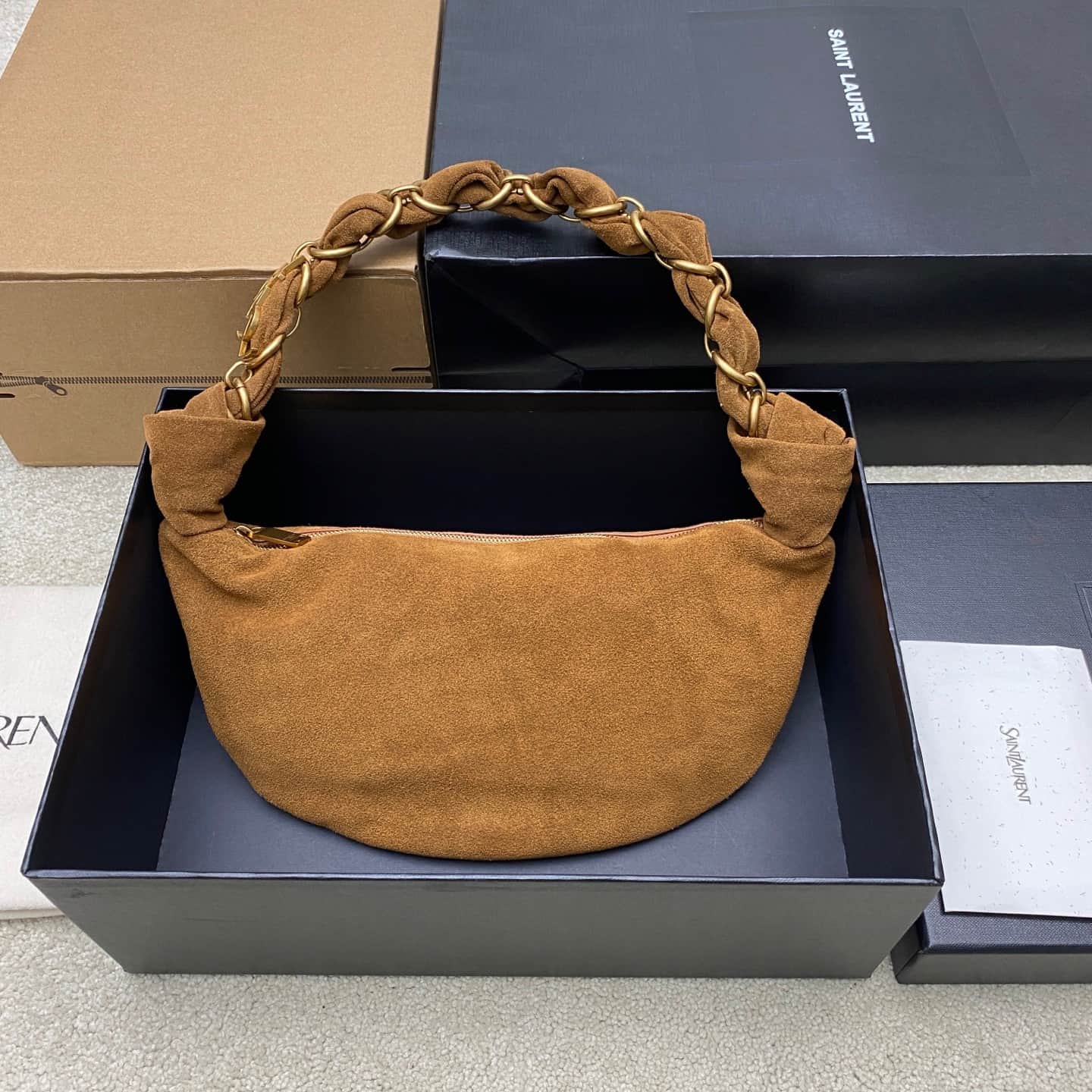 Saint Laurent AMALIA mini hobo in suede CARAMEL COGNAC 862558 High