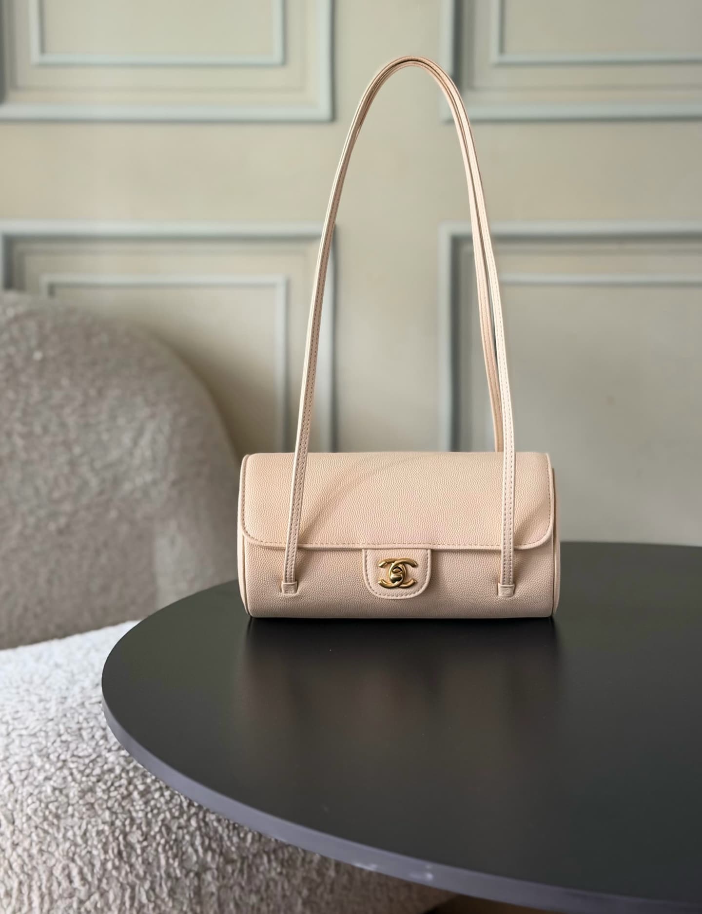 Chanel Small Bowling Bag Grained Shiny Calfskin & Gold-Tone Metal Beige AS6143 High