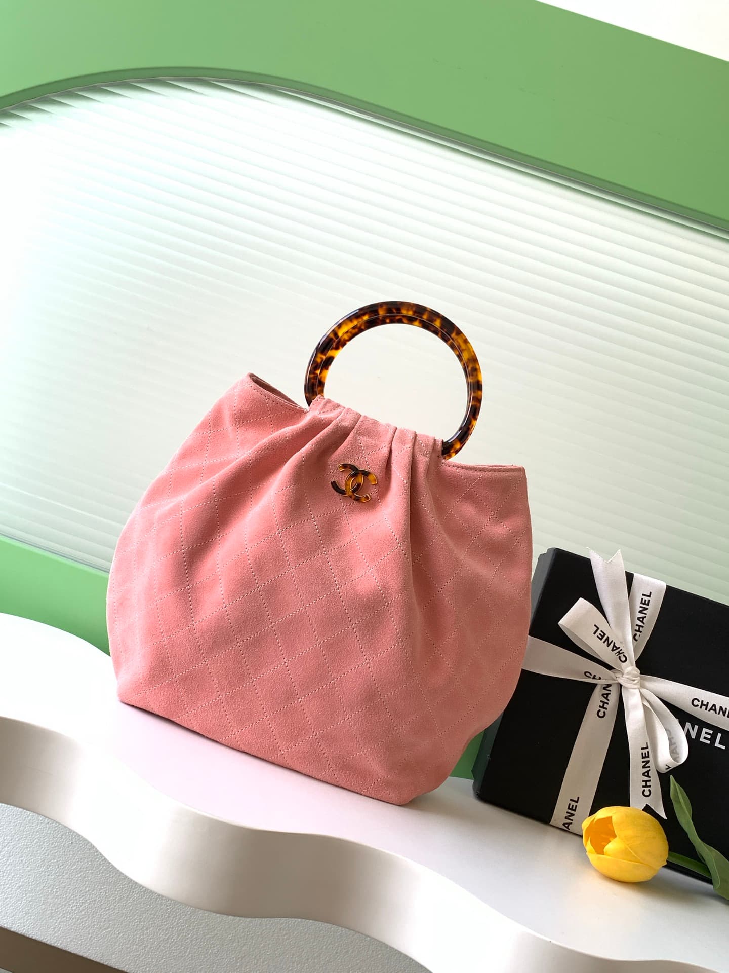 Chanel Medium Hobo Bag Suede Calfskin Turtoise-Shell Effect Plexi & Gold-Tone Metal Pink AS6010 High