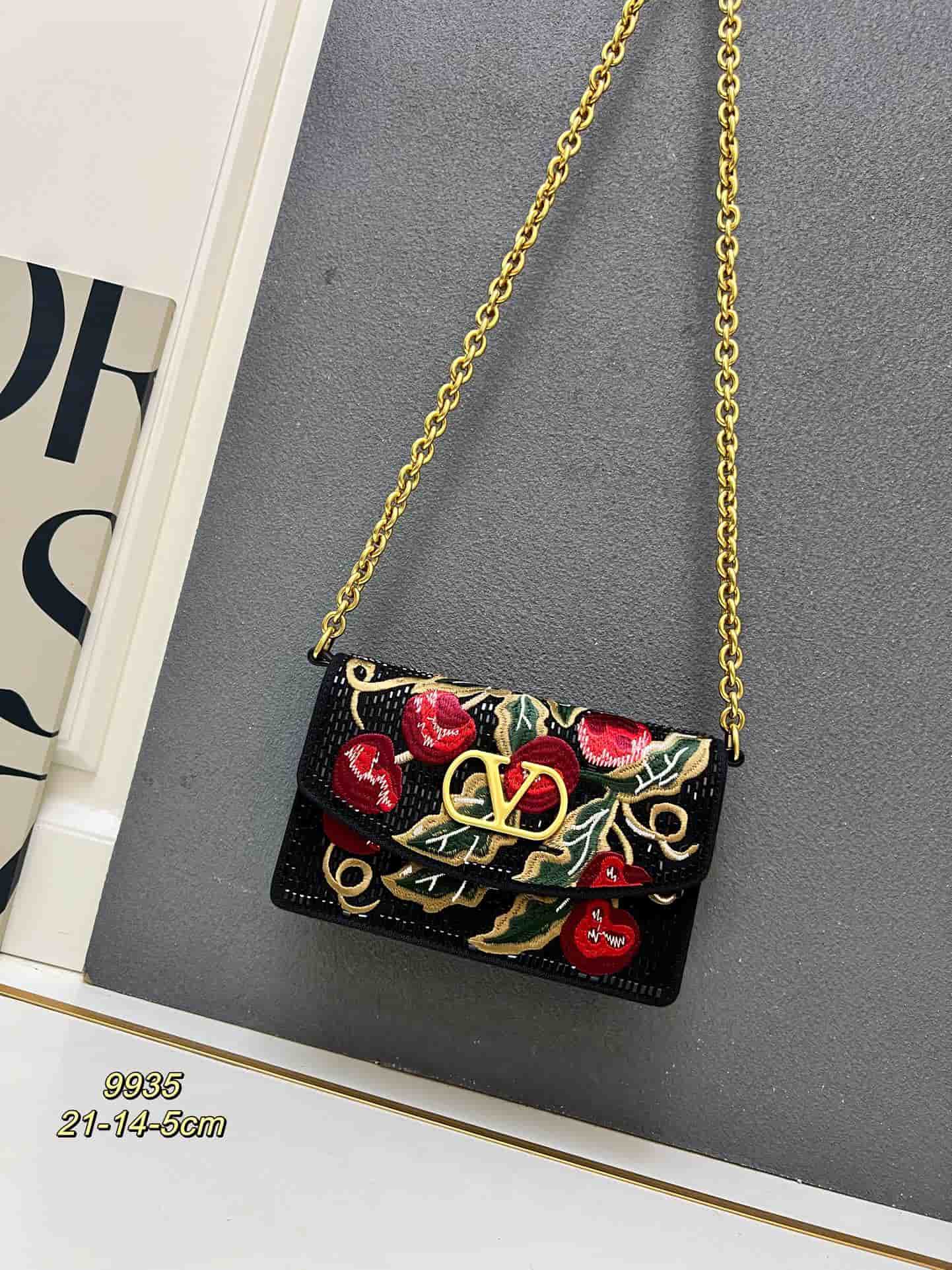 Valentino Garavani Vain Embroidered Shoulder Clutch With Cherryfic Pattern Mid
