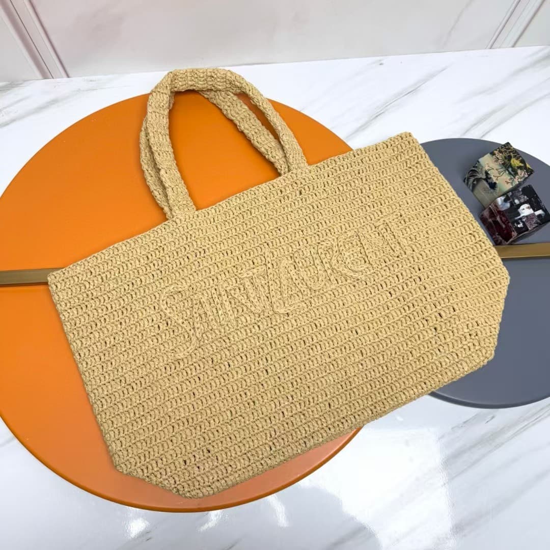 YSL Large Logo Embroidered Raffia Tote Bag High