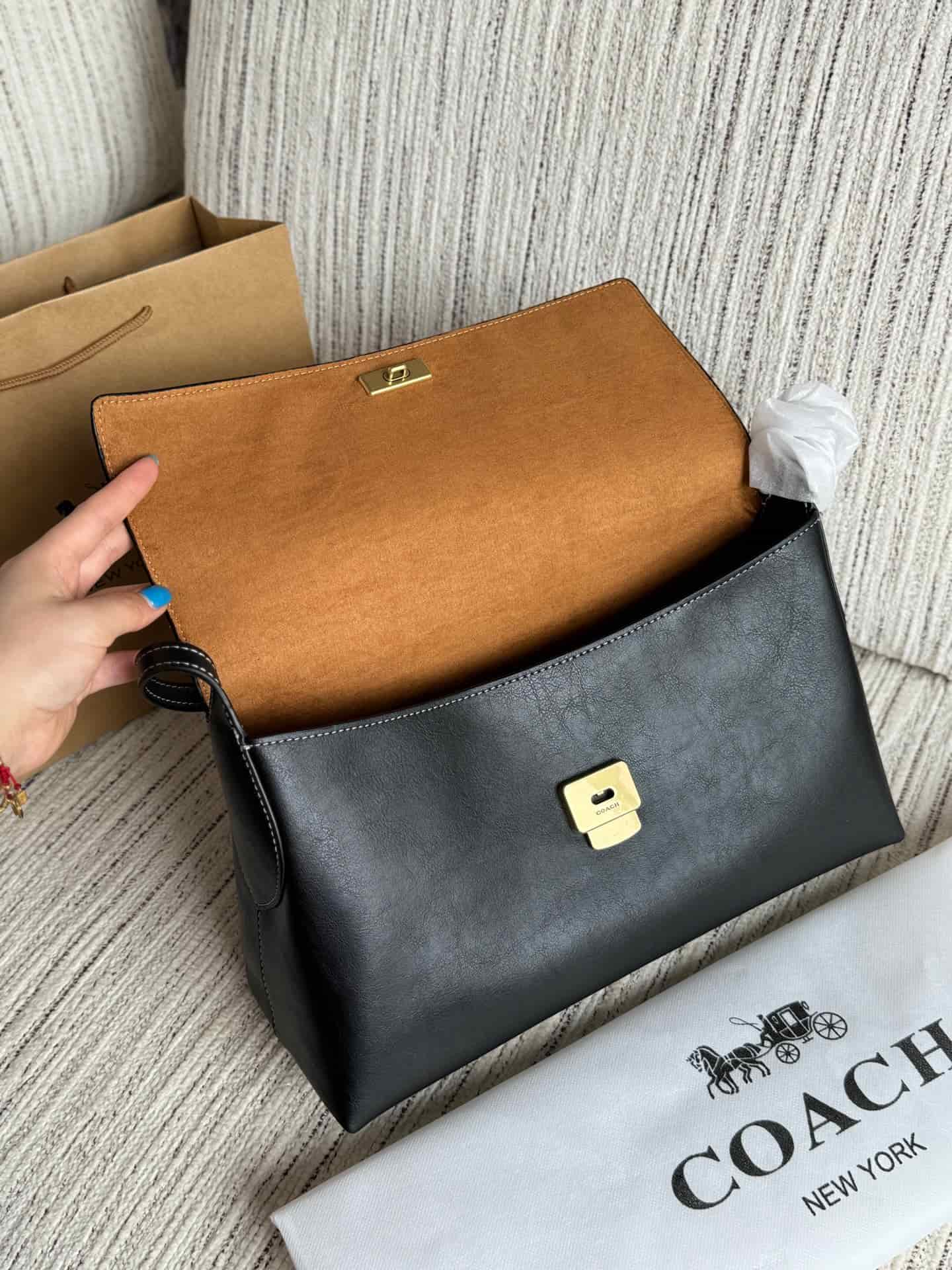 Coach Chelsea Shoulder Bag Smooth Grain Leather Black High