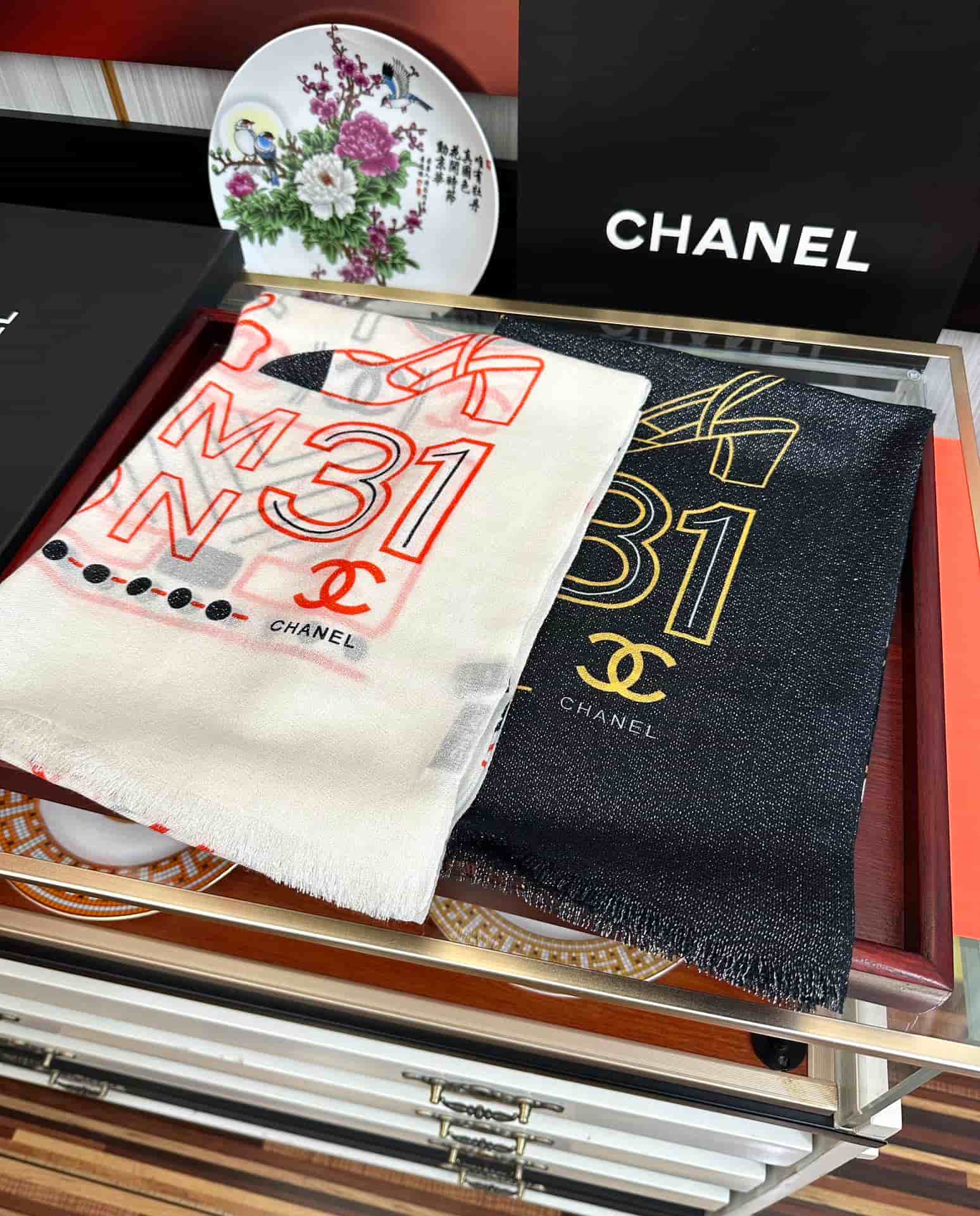 Chanel interlocking CC logo cashmere silk stole scarf