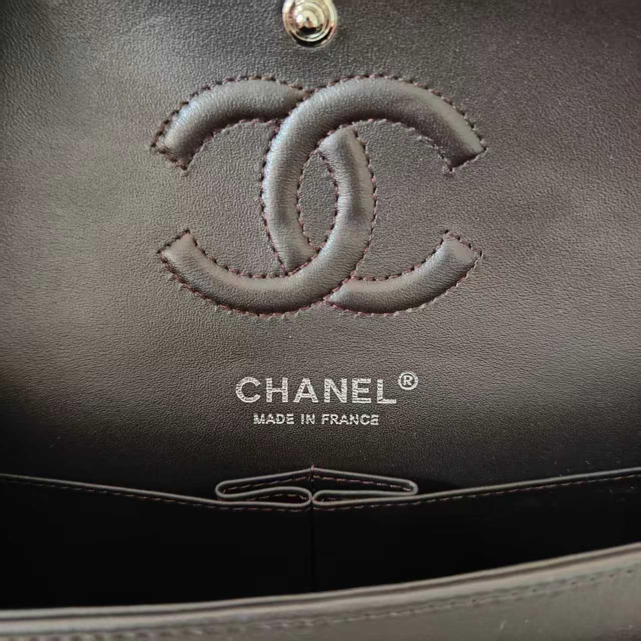 Chanel Small CLASSIC HANDBAG Lambskin Silver Metal Deep Brown A