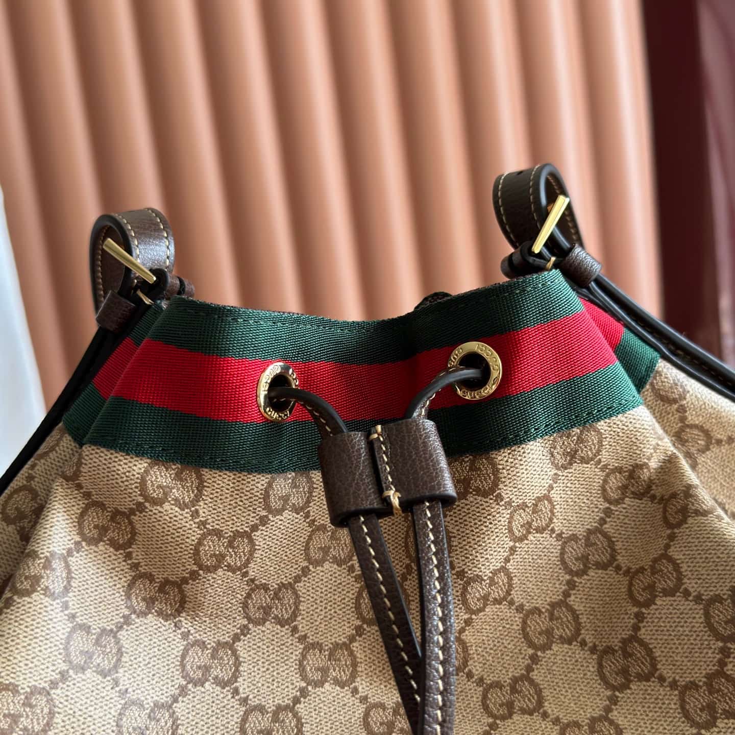 Gucci Venice large bucket bag Sand and dark brown GG coated canvas 875238 High