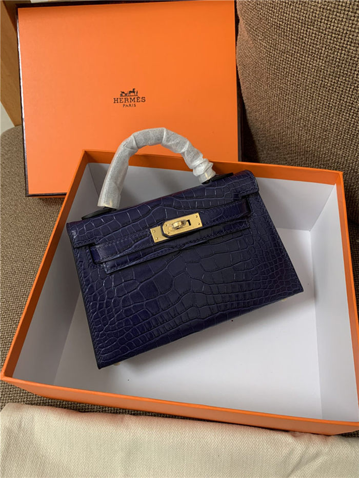 Hermes Kelly Mini II Bag Embossed Crocodile Leather WAX Silver/Gold Metal High Customizing style
