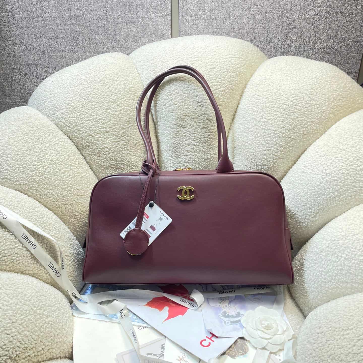 Chanel Maxi Bowling Bag Calfskin & Gold-Tone Metal Claret AS6211 A