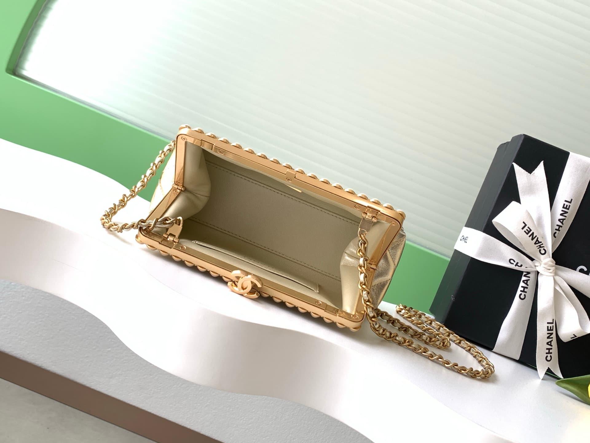 Chanel Pearly Lambskin Imitation Pearls & Gold-Tone Metal Champagne Gold AS5912 A
