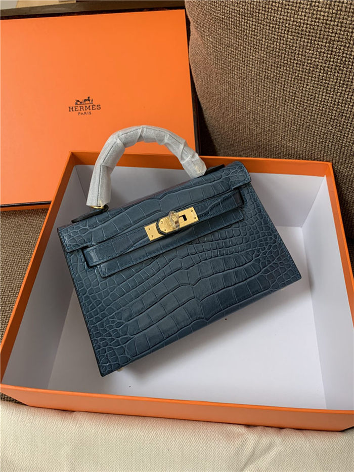 Hermes Kelly Mini II Bag Embossed Crocodile Leather WAX Silver/Gold Metal High Customizing style