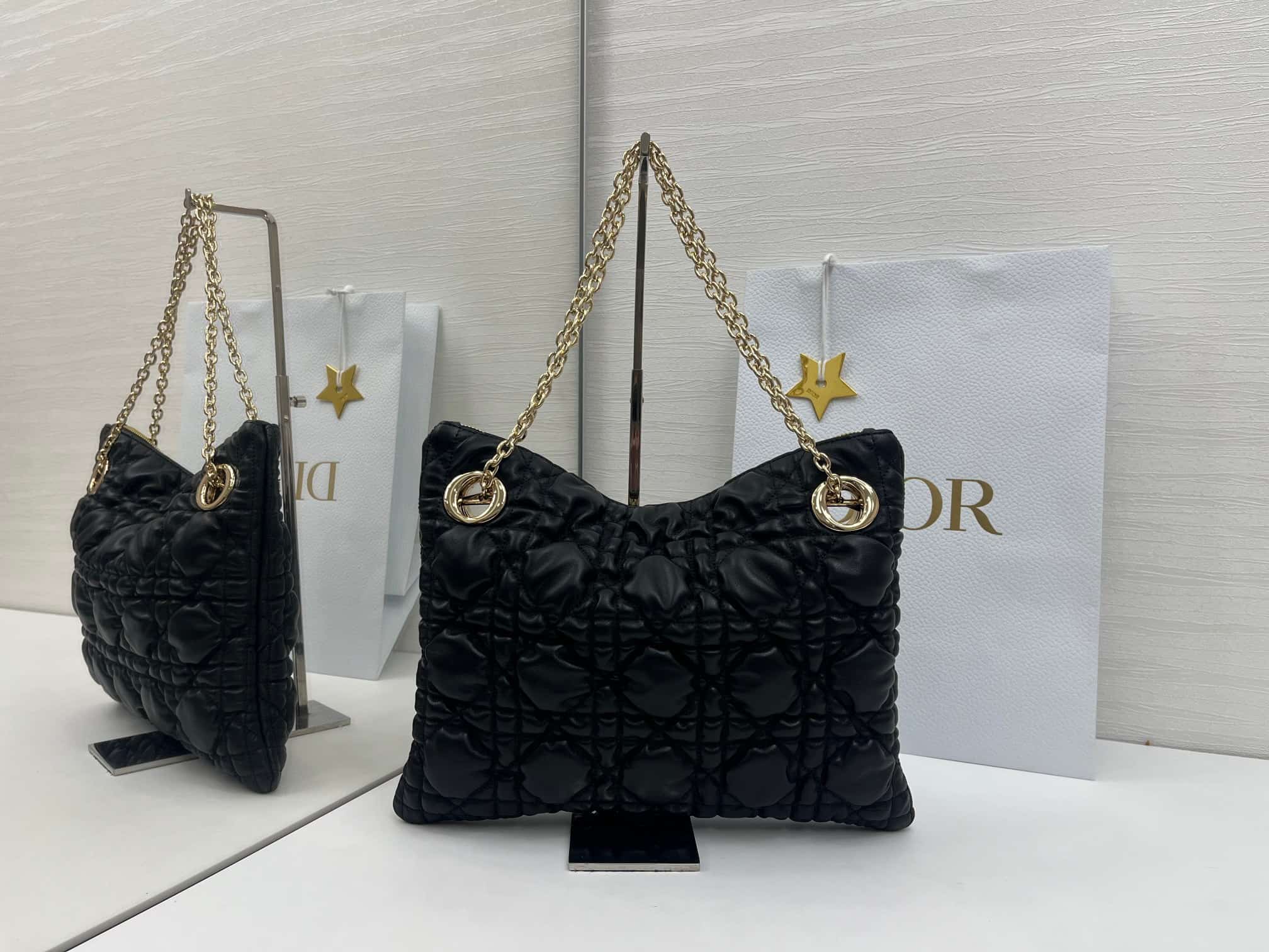 Small Dior Crunchy Bag Black Puffy Macrocannage Calfskin High