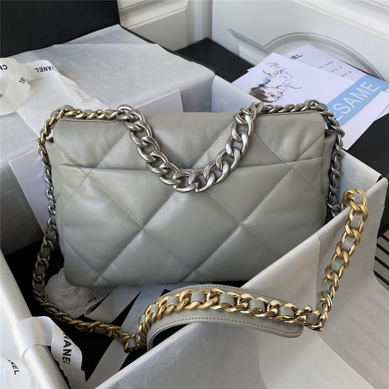 Large Chanel 19 Flap Bag Lambskin Grey Silver High