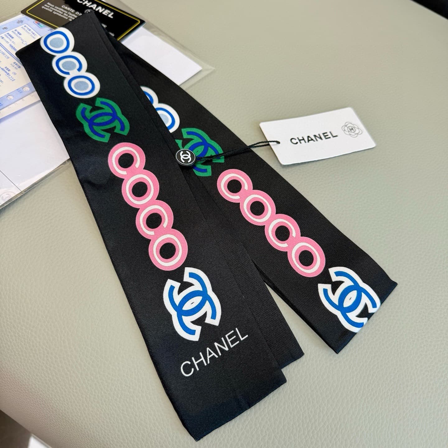 Chanel Black Silk Bandeau Slim Scarf