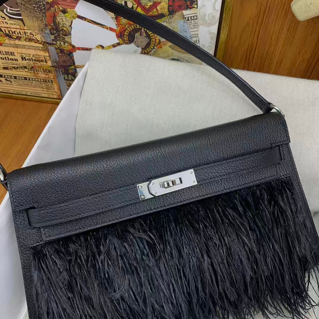 Hermes Kelly Elan  Madame Leather Black Silver-Metal Ostrich Feathers WAX High Customized Style