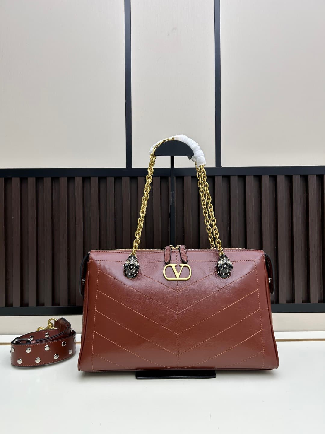 Valentino VLogo Garavani Panthea Shoulder Bag Brown Leather Mid