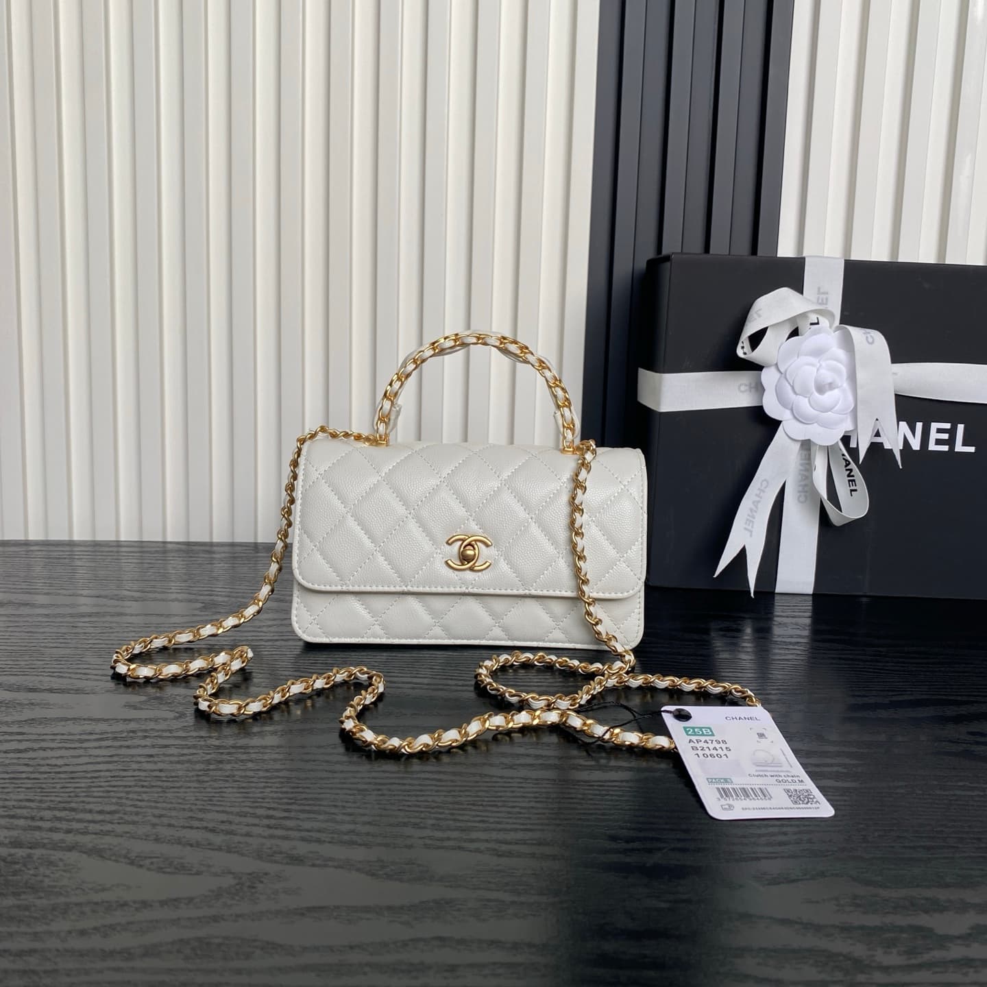 Chanel Mini Flap Bag with Top Handle Grained Shiny Calfskin & Gold-Tone Metal White AP4798 A
