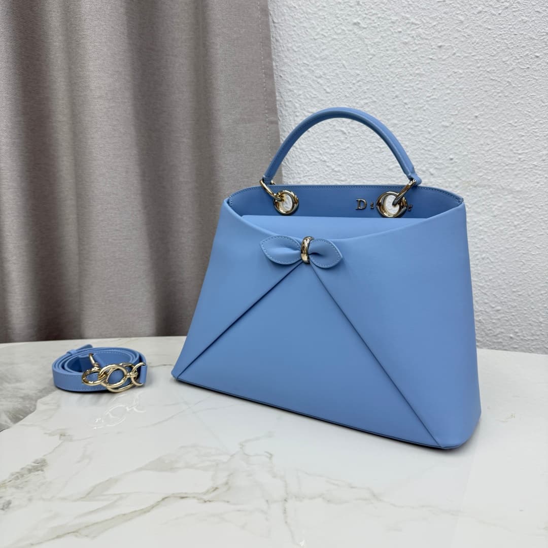 Large Dior Cigale Bag Light Blue Shiny Supple Calfskin High
