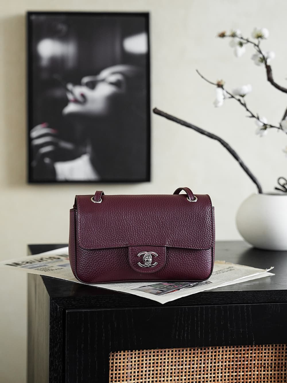 CHANEL Mini flap bag Grained Calfskin&Silver-tone metal Claret AS6573 A