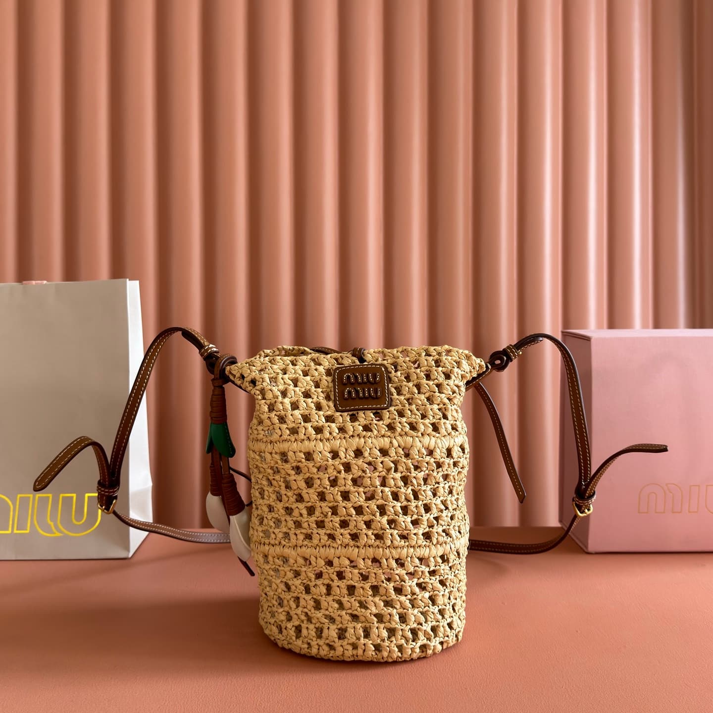 Miu Miu Raffia Crochet Drawstring Pouch 5BE104 TOP
