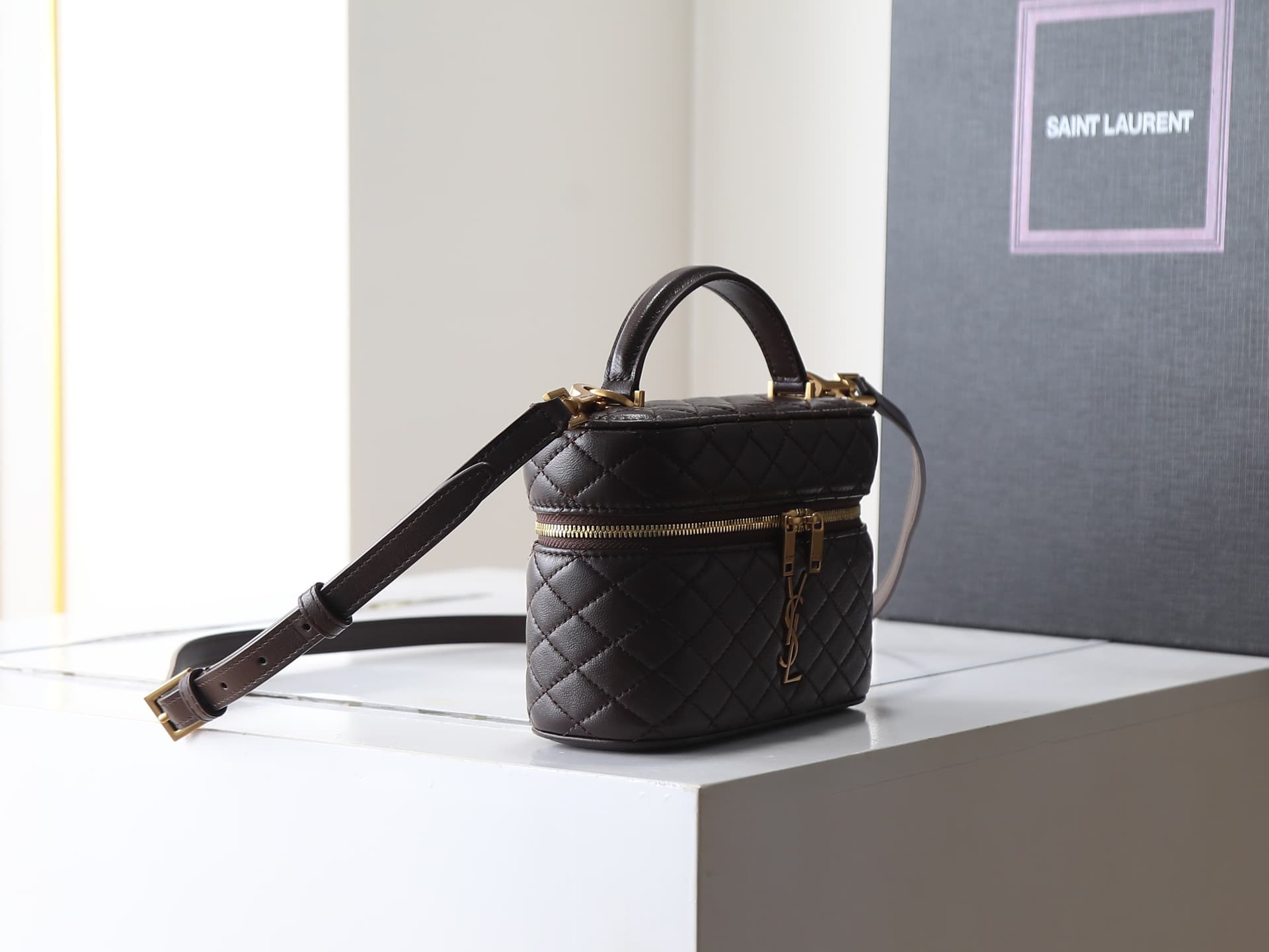 Saint Laurent Gaby Vanity Bag Lambskin Dark Brown 766731 High