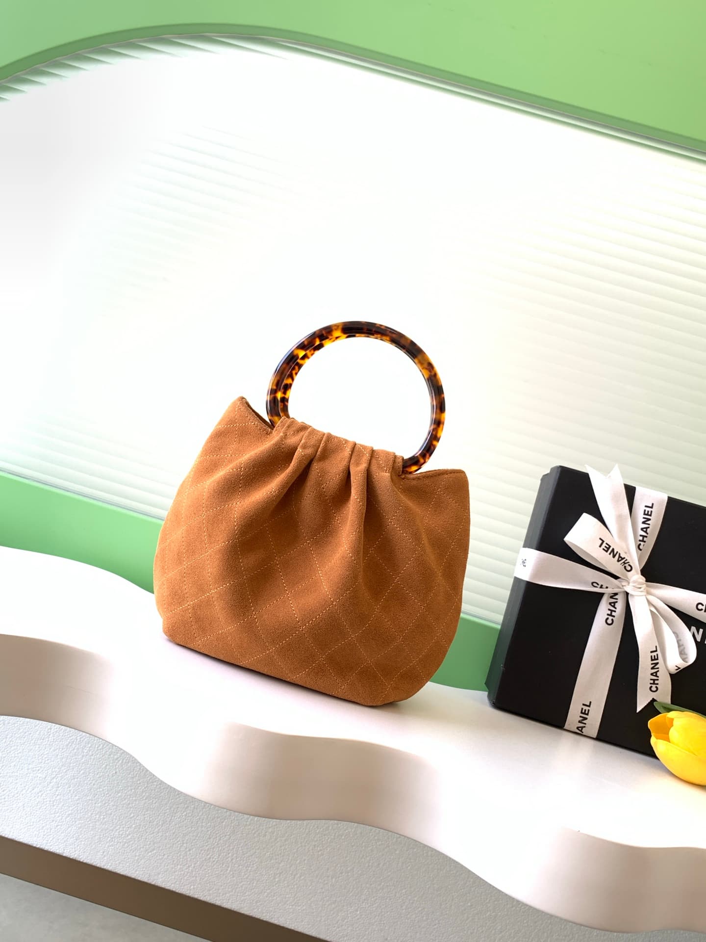 Chanel Small Hobo Bag Suede Calfskin Turtoise-Shell Effect Plexi & Gold-Tone Metal Camel AS6022 High
