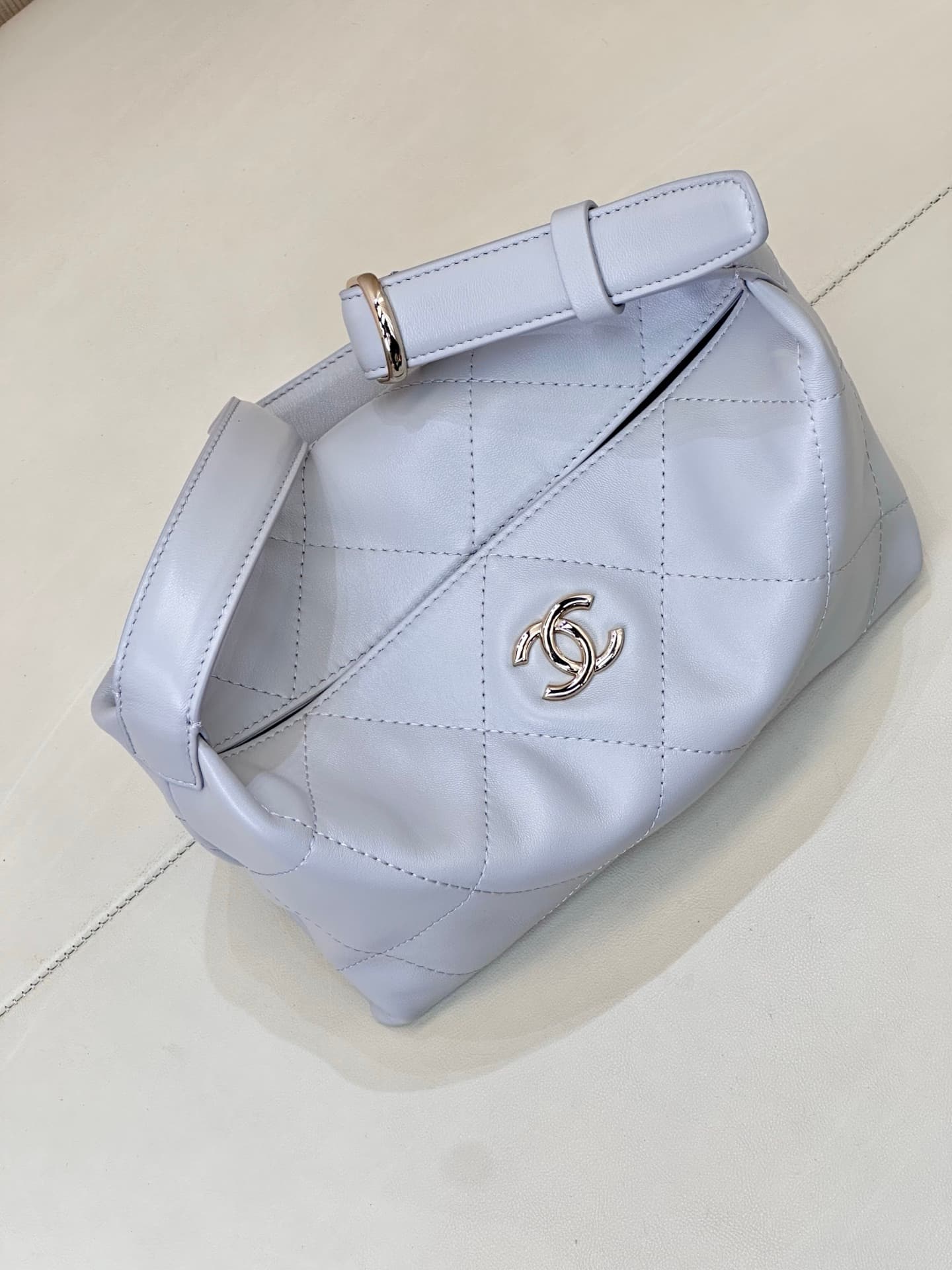 Chanel Hobo Bag Shiny Lambskin & Gold-Tone Metal AS6138 Light Blue TOP