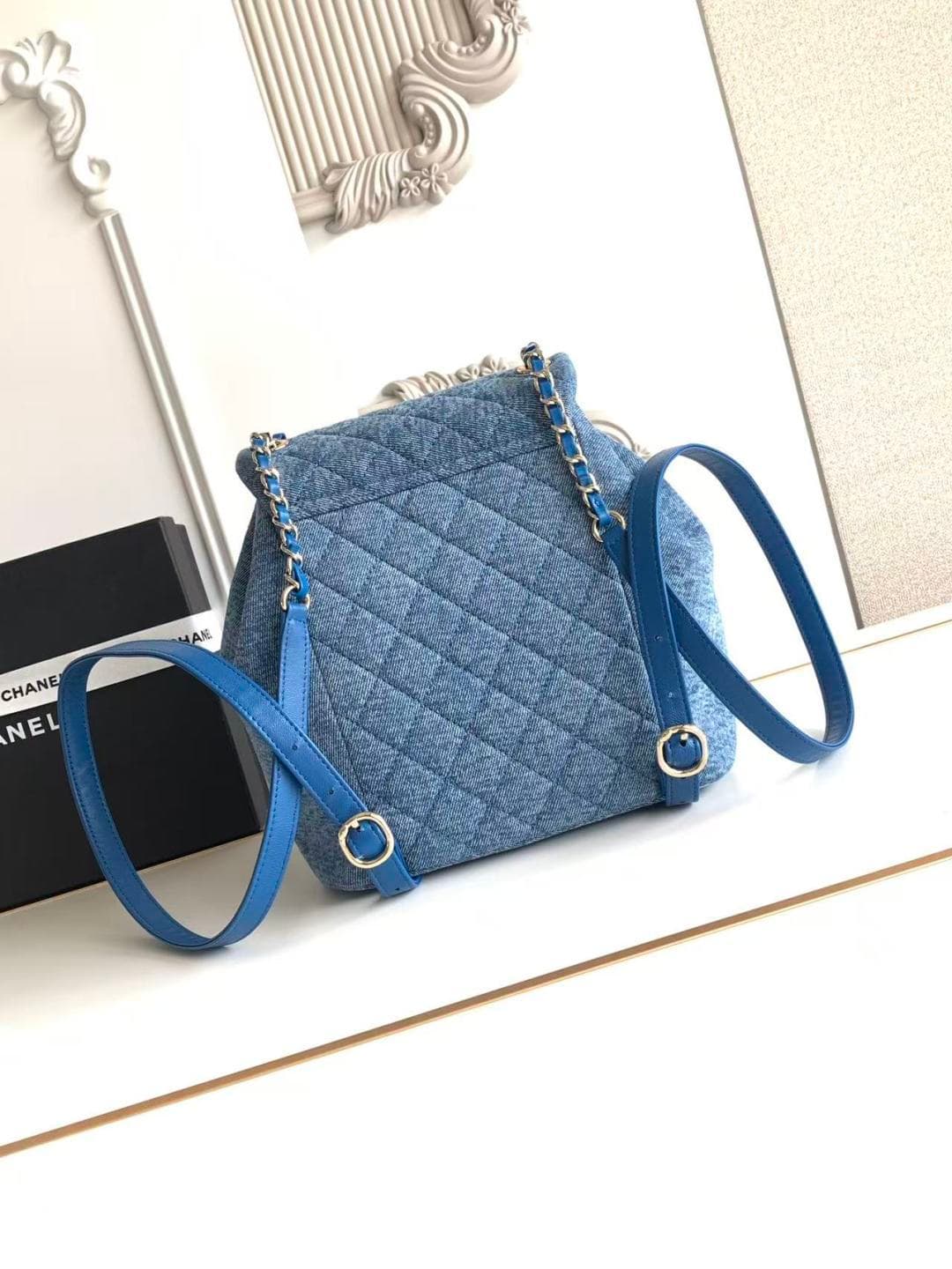 Chanel Large Backpack Washed Denim & Gold-Tone Metal Blue AS3618 A
